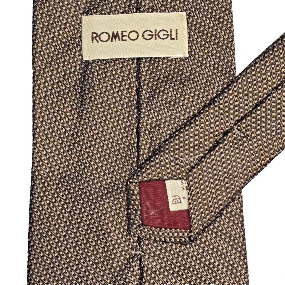 Romeo Gigli Italian Designer Silk Necktie Brown Cream Micro Pattern 58.7